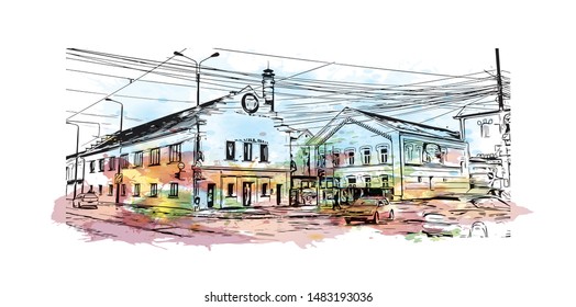 Building view with landmark of Timisoara is a city in western Romania, known for Secessionist architecture. Watercolor splash with Hand drawn sketch illustration in vector.