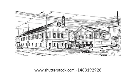 Building view with landmark of Timisoara is a city in western Romania, known for Secessionist architecture. Hand drawn sketch illustration in vector.