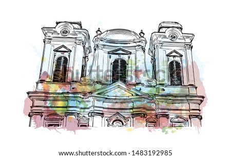Building view with landmark of Timisoara is a city in western Romania, known for Secessionist architecture. Watercolor splash with Hand drawn sketch illustration in vector.