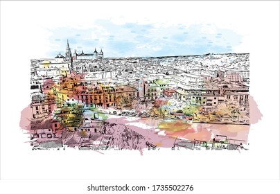 Der Ausblick auf das Gebäude mit dem Wahrzeichen Toledos ist eine antike Stadt auf einem Hügel über den Ebenen von Castilla-La Mancha in der Mitte Spaniens. Aquarellspritze mit Handgezeichneter Zeichnung in Vektorgrafik.