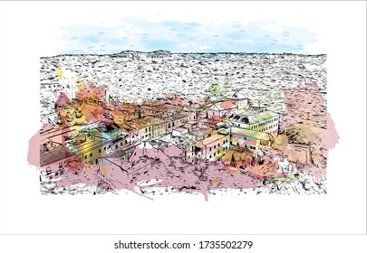 Der Ausblick auf das Gebäude mit dem Wahrzeichen Toledos ist eine antike Stadt auf einem Hügel über den Ebenen von Castilla-La Mancha in der Mitte Spaniens. Aquarellspritze mit Handgezeichneter Zeichnung in Vektorgrafik.