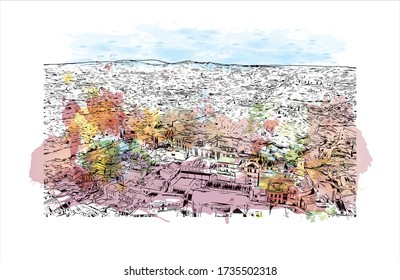 Der Ausblick auf das Gebäude mit dem Wahrzeichen Toledos ist eine antike Stadt auf einem Hügel über den Ebenen von Castilla-La Mancha in der Mitte Spaniens. Aquarellspritze mit Handgezeichneter Zeichnung in Vektorgrafik.