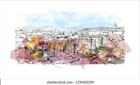 Der Ausblick auf das Gebäude mit dem Wahrzeichen Toledos ist eine antike Stadt auf einem Hügel über den Ebenen von Castilla-La Mancha in der Mitte Spaniens. Aquarellspritze mit Handgezeichneter Zeichnung in Vektorgrafik.