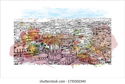 Building view with landmark of Toledo is an ancient city set on a hill above the plains of Castilla-La Mancha in central Spain. Watercolor splash with Hand drawn sketch illustration in vector.