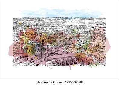 Der Ausblick auf das Gebäude mit dem Wahrzeichen Toledos ist eine antike Stadt auf einem Hügel über den Ebenen von Castilla-La Mancha in der Mitte Spaniens. Aquarellspritze mit Handgezeichneter Zeichnung in Vektorgrafik.