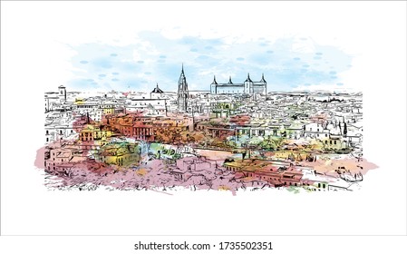 Der Ausblick auf das Gebäude mit dem Wahrzeichen Toledos ist eine antike Stadt auf einem Hügel über den Ebenen von Castilla-La Mancha in der Mitte Spaniens. Aquarellspritze mit Handgezeichneter Zeichnung in Vektorgrafik.