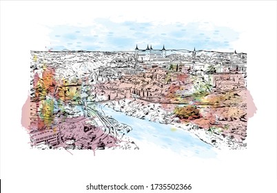 Der Ausblick auf das Gebäude mit dem Wahrzeichen Toledos ist eine antike Stadt auf einem Hügel über den Ebenen von Castilla-La Mancha in der Mitte Spaniens. Aquarellspritze mit Handgezeichneter Zeichnung in Vektorgrafik.