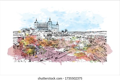 Der Ausblick auf das Gebäude mit dem Wahrzeichen Toledos ist eine antike Stadt auf einem Hügel über den Ebenen von Castilla-La Mancha in der Mitte Spaniens. Aquarellspritze mit Handgezeichneter Zeichnung in Vektorgrafik.