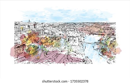 Der Ausblick auf das Gebäude mit dem Wahrzeichen Toledos ist eine antike Stadt auf einem Hügel über den Ebenen von Castilla-La Mancha in der Mitte Spaniens. Aquarellspritze mit Handgezeichneter Zeichnung in Vektorgrafik.