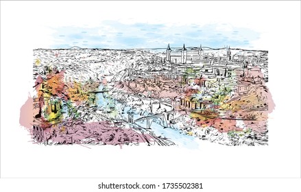 Der Ausblick auf das Gebäude mit dem Wahrzeichen Toledos ist eine antike Stadt auf einem Hügel über den Ebenen von Castilla-La Mancha in der Mitte Spaniens. Aquarellspritze mit Handgezeichneter Zeichnung in Vektorgrafik.