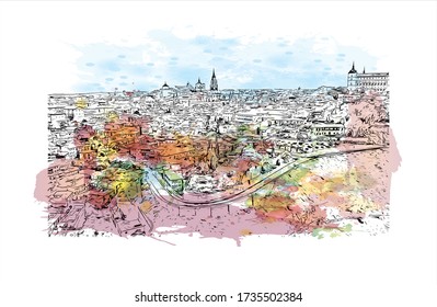 Der Ausblick auf das Gebäude mit dem Wahrzeichen Toledos ist eine antike Stadt auf einem Hügel über den Ebenen von Castilla-La Mancha in der Mitte Spaniens. Aquarellspritze mit Handgezeichneter Zeichnung in Vektorgrafik.