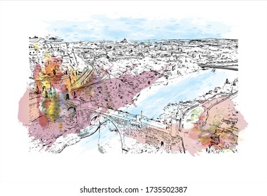 Der Ausblick auf das Gebäude mit dem Wahrzeichen Toledos ist eine antike Stadt auf einem Hügel über den Ebenen von Castilla-La Mancha in der Mitte Spaniens. Aquarellspritze mit Handgezeichneter Zeichnung in Vektorgrafik.