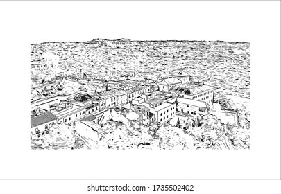 Der Ausblick auf das Gebäude mit dem Wahrzeichen Toledos ist eine antike Stadt auf einem Hügel über den Ebenen von Castilla-La Mancha in der Mitte Spaniens. Handgezeichnete Skizzenkarte in Vektor.