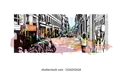 Building view with landmark of Toulouse, capital of France’s southern Occitanie region. Watercolor splash with Hand drawn sketch illustration in vector.