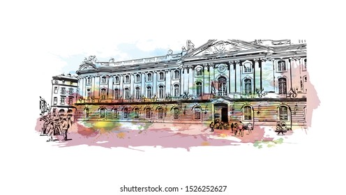 Building view with landmark of Toulouse, capital of France’s southern Occitanie region. Watercolor splash with Hand drawn sketch illustration in vector.