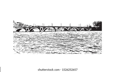 Building view with landmark of Toulouse, capital of France’s southern Occitanie region. Hand drawn sketch illustration in vector.