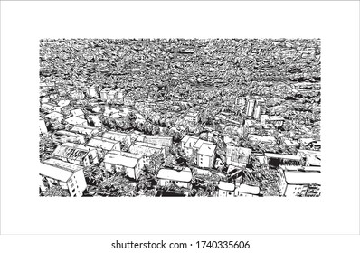 La ciudad capital de la región de Friuli Venezia Giulia, en el noreste de Italia, ofrece vistas panorámicas a Trieste. Dibujo a mano de ilustración de esbozo en vector.