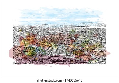 Building view with landmark of Trieste is the capital city of the Friuli Venezia Giulia region in northeast Italy. Watercolor splash with Hand drawn sketch illustration in vector.