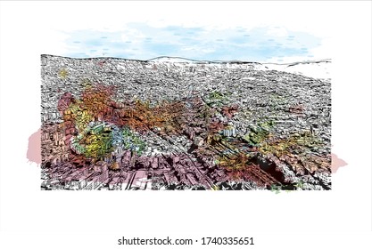 Building view with landmark of Trieste is the capital city of the Friuli Venezia Giulia region in northeast Italy. Watercolor splash with Hand drawn sketch illustration in vector.