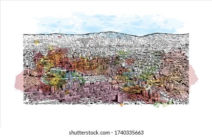 Building view with landmark of Trieste is the capital city of the Friuli Venezia Giulia region in northeast Italy. Watercolor splash with Hand drawn sketch illustration in vector.