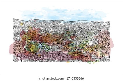 Building view with landmark of Trieste is the capital city of the Friuli Venezia Giulia region in northeast Italy. Watercolor splash with Hand drawn sketch illustration in vector.