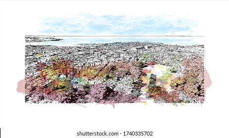 Building view with landmark of Trieste is the capital city of the Friuli Venezia Giulia region in northeast Italy. Watercolor splash with Hand drawn sketch illustration in vector.