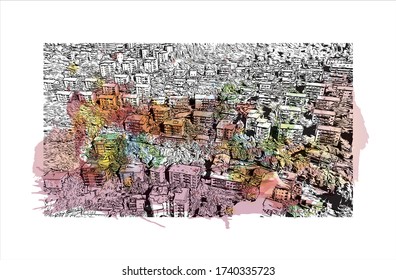 La ciudad capital de la región de Friuli Venezia Giulia, en el noreste de Italia, ofrece vistas panorámicas a Trieste. Salto de color de agua con ilustración de esbozo dibujada a mano en vector.