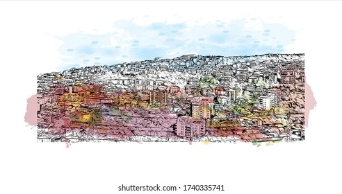 Building view with landmark of Trieste is the capital city of the Friuli Venezia Giulia region in northeast Italy. Watercolor splash with Hand drawn sketch illustration in vector.