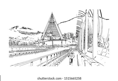 Building view with landmark of Tromso, a city in northern Norway, is a major cultural hub above the Arctic Circle. Hand drawn sketch illustration in vector.