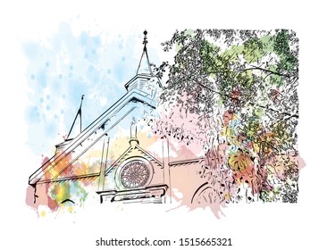 Building view with landmark of Tromso, a city in northern Norway, is a major cultural hub above the Arctic Circle. Watercolor splash with Hand drawn sketch illustration in vector.