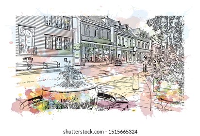 Building view with landmark of Tromso, a city in northern Norway, is a major cultural hub above the Arctic Circle. Watercolor splash with Hand drawn sketch illustration in vector.