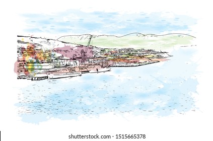 Building view with landmark of Tromso, a city in northern Norway, is a major cultural hub above the Arctic Circle. Watercolor splash with Hand drawn sketch illustration in vector.