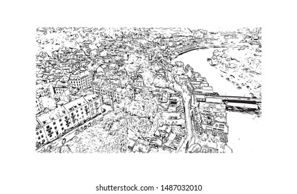 Building view with landmark of Trondheim is a city on the Trondheim Fjord, in central Norway. Hand drawn sketch illustration in vector.