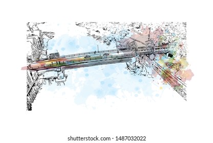 Building view with landmark of Trondheim is a city on the Trondheim Fjord, in central Norway. Watercolor splash with hand drawn sketch illustration in vector.