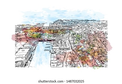 Building view with landmark of Trondheim is a city on the Trondheim Fjord, in central Norway. Watercolor splash with hand drawn sketch illustration in vector.