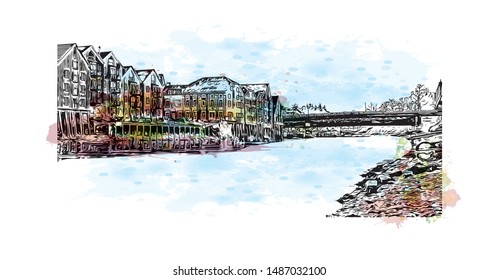 Building view with landmark of Trondheim is a city on the Trondheim Fjord, in central Norway. Watercolor splash with hand drawn sketch illustration in vector.