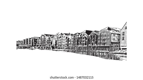 Building view with landmark of Trondheim is a city on the Trondheim Fjord, in central Norway. Hand drawn sketch illustration in vector.