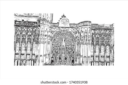 Building view with landmark of Troyes is a town in the Grand Est region of northeastern France. Hand drawn sketch illustration in vector.