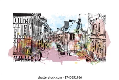 Building view with landmark of Troyes is a town in the Grand Est region of northeastern France. Watercolor splash with Hand drawn sketch illustration in vector.