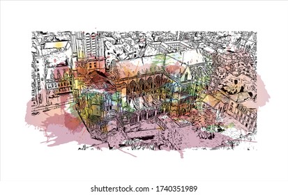 Building view with landmark of Troyes is a town in the Grand Est region of northeastern France. Watercolor splash with Hand drawn sketch illustration in vector.