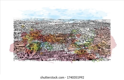 Building view with landmark of Troyes is a town in the Grand Est region of northeastern France. Watercolor splash with Hand drawn sketch illustration in vector.