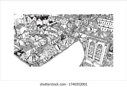 Building view with landmark of Troyes is a town in the Grand Est region of northeastern France. Hand drawn sketch illustration in vector.