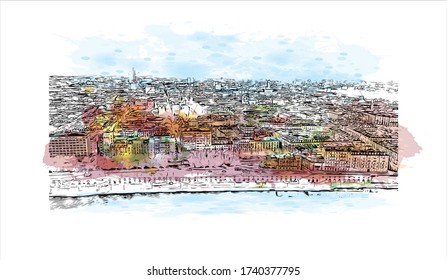 Building view with landmark of Turin is a city and an important business and cultural center in northern Italy. Watercolor splash with Hand drawn sketch illustration line work in vector.