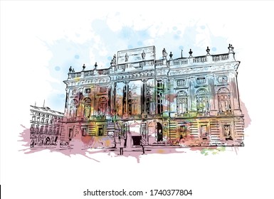 Building view with landmark of Turin is a city and an important business and cultural center in northern Italy. Watercolor splash with Hand drawn sketch illustration line work in vector.