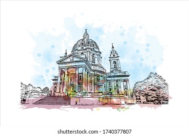 Building view with landmark of Turin is a city and an important business and cultural center in northern Italy. Watercolor splash with Hand drawn sketch illustration line work in vector.