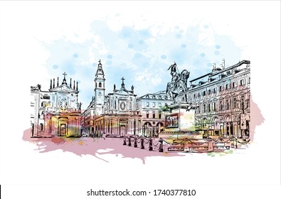 Building view with landmark of Turin is a city and an important business and cultural center in northern Italy. Watercolor splash with Hand drawn sketch illustration line work in vector.