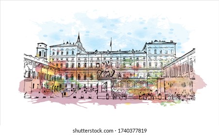 Building view with landmark of Turin is a city and an important business and cultural center in northern Italy. Watercolor splash with Hand drawn sketch illustration line work in vector.