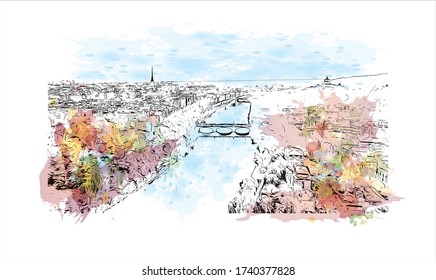 Building view with landmark of Turin is a city and an important business and cultural center in northern Italy. Watercolor splash with Hand drawn sketch illustration line work in vector.