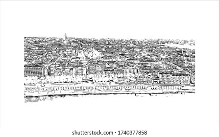 Building view with landmark of Turin is a city and an important business and cultural center in northern Italy. Hand drawn sketch illustration line work in vector.