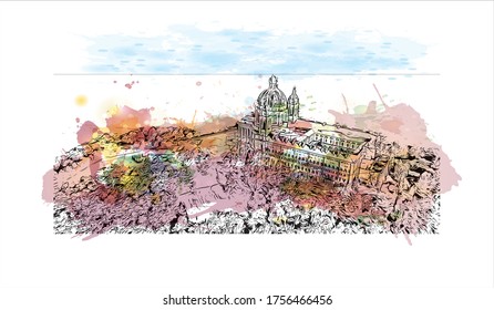 Building view with landmark of Turin is a city and an important business and cultural center in northern Italy. Watercolor splash with Hand drawn sketch illustration in vector.